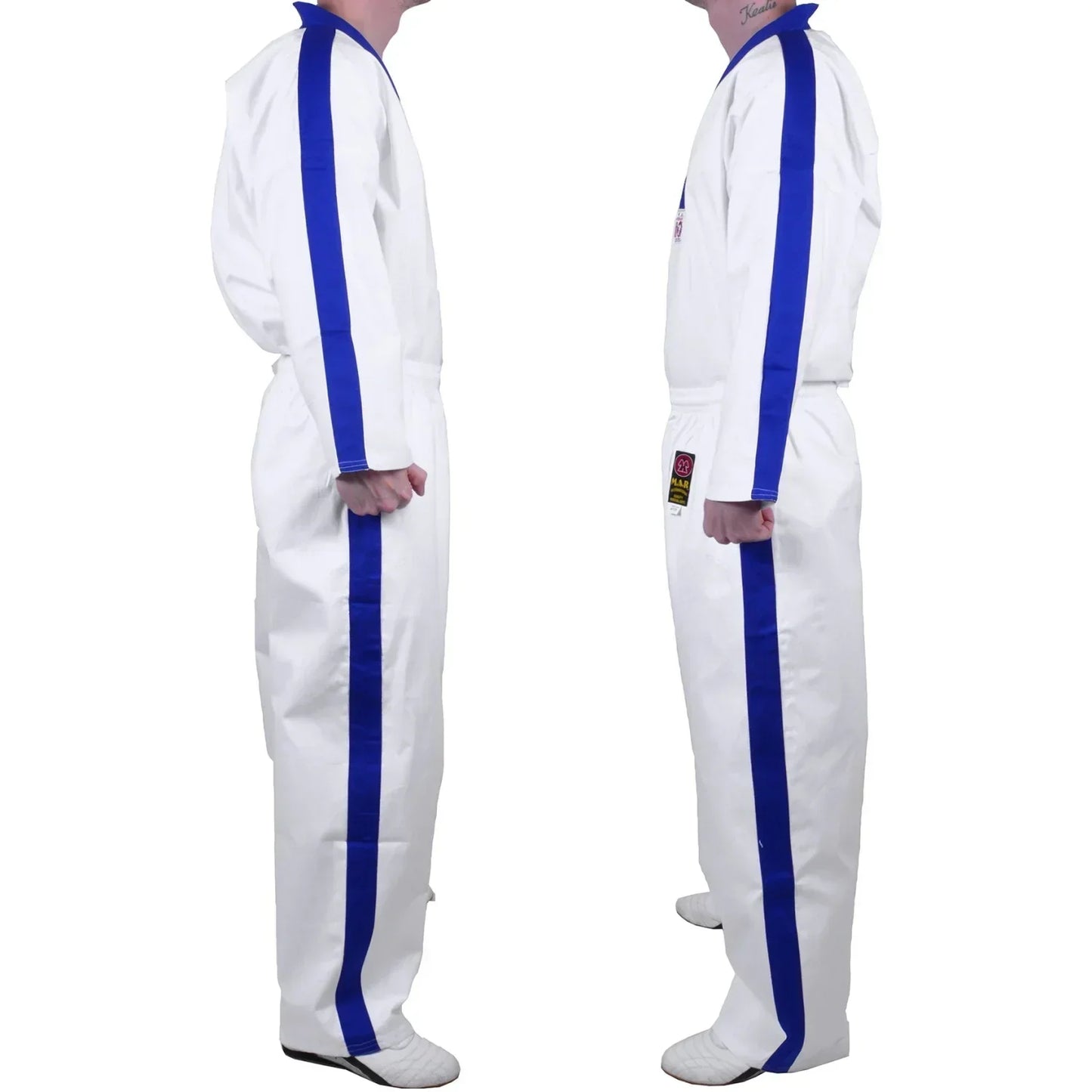 MAR-007 | White Karate & Freestyle Uniform w/ Blue Trim (8oz Fabric) - Uniforms