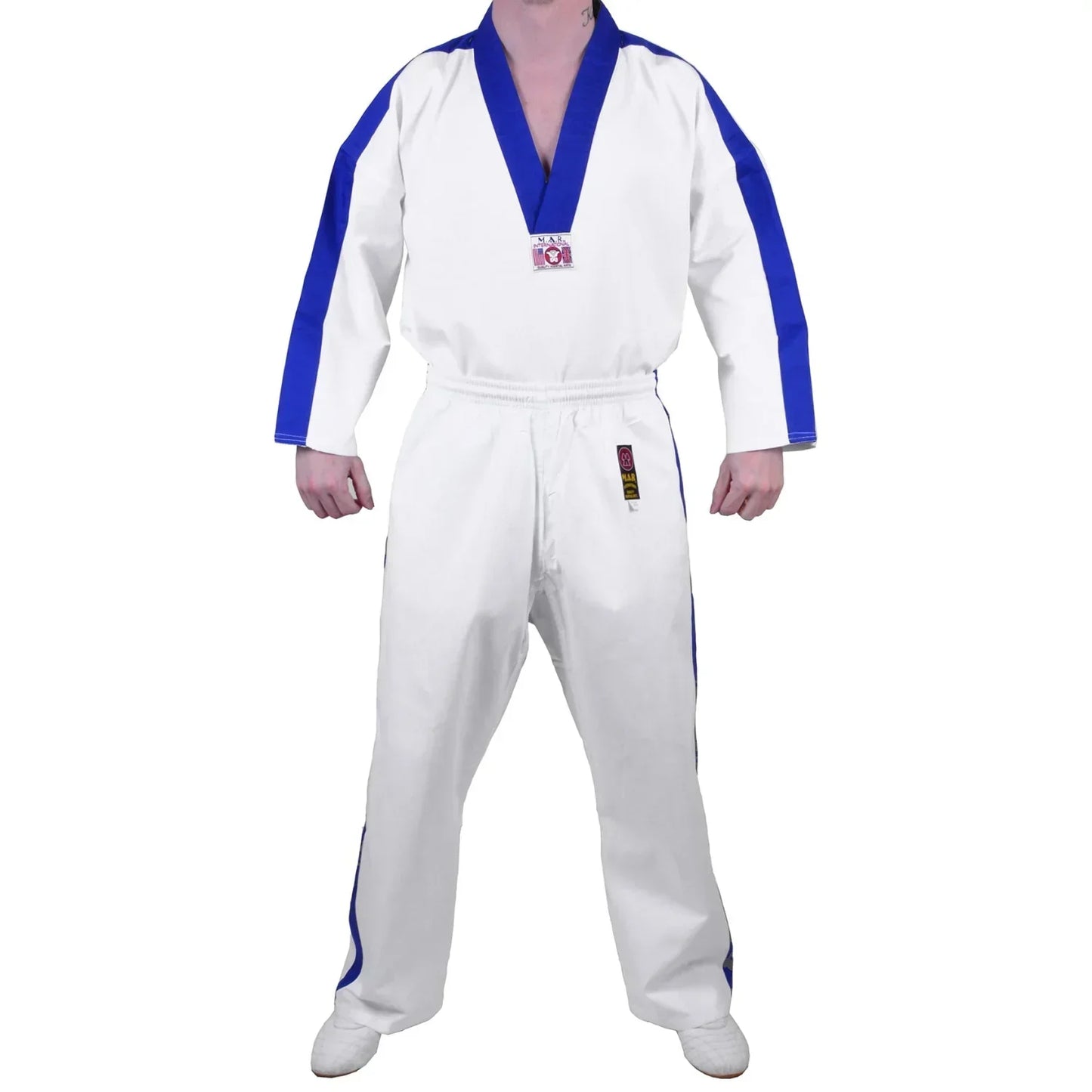 MAR-007 | White Karate & Freestyle Uniform w/ Blue Trim (8oz Fabric) - Uniforms