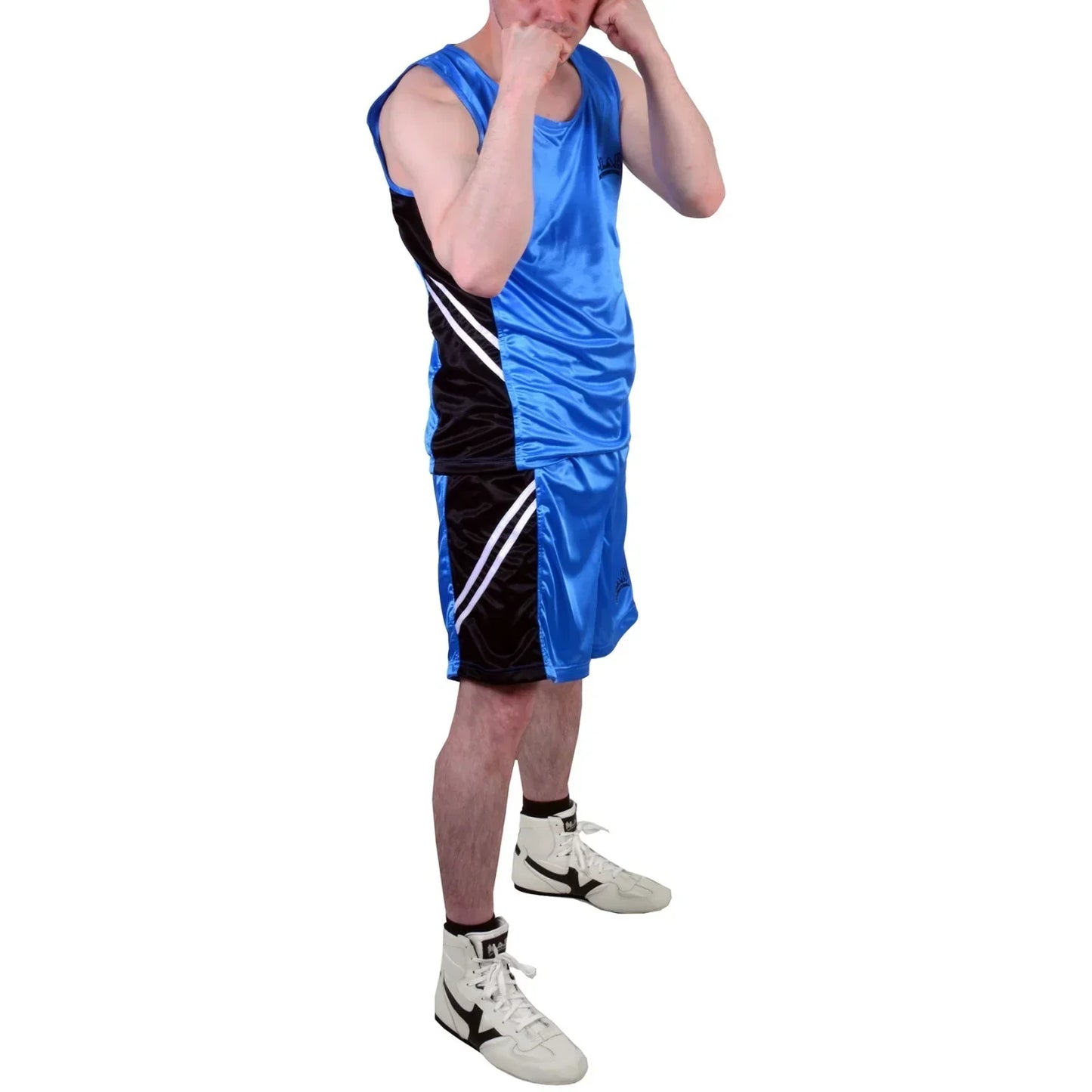 MAR-100A | Blue & Black Boxing Shorts & Vest w/ White Lines - Shorts