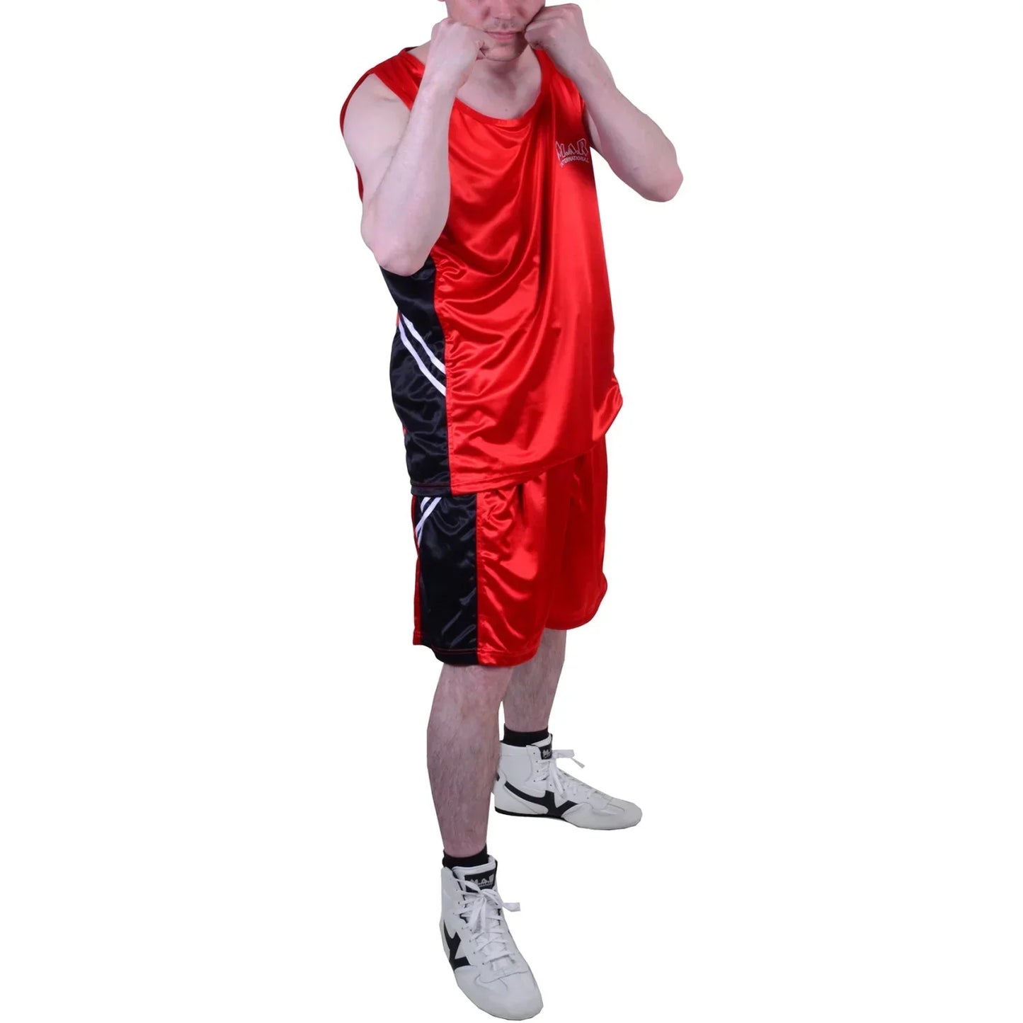 MAR-100B | Red & Black Boxing Shorts & Vest w/ White Lines - Shorts