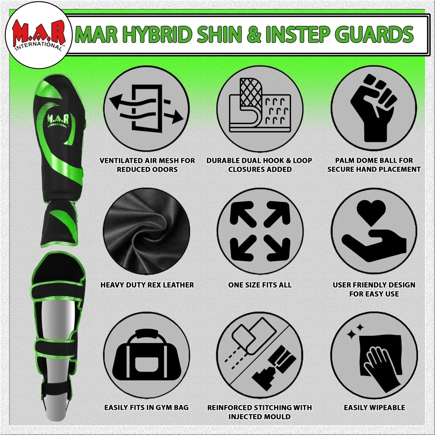 MAR-148H | Black & Green Kickboxing/Thai Boxing Shin & Instep Guards - Pads