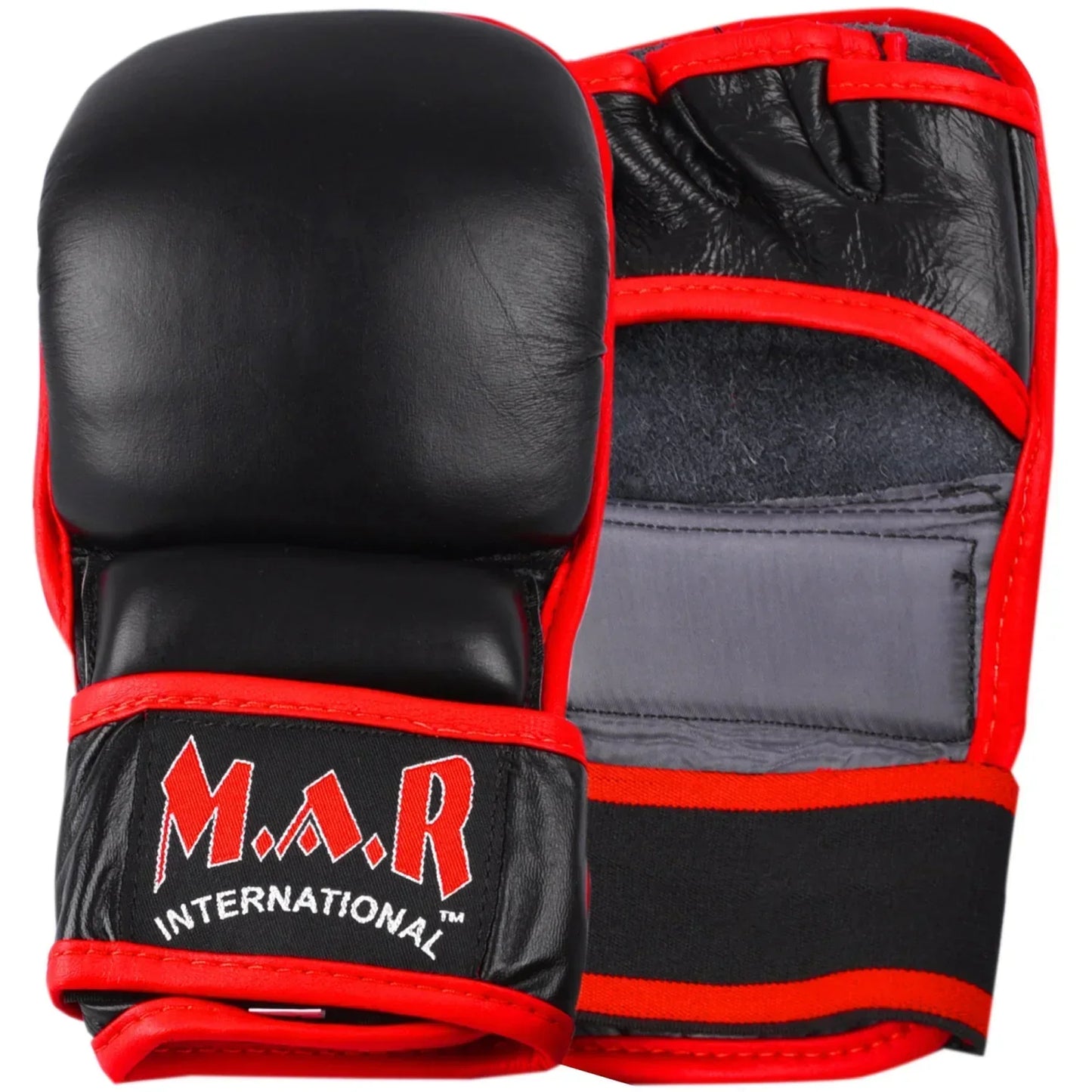 MAR-233A | Genuine Leather Black MMA Gloves w/ Red Piping - Compact Gloves