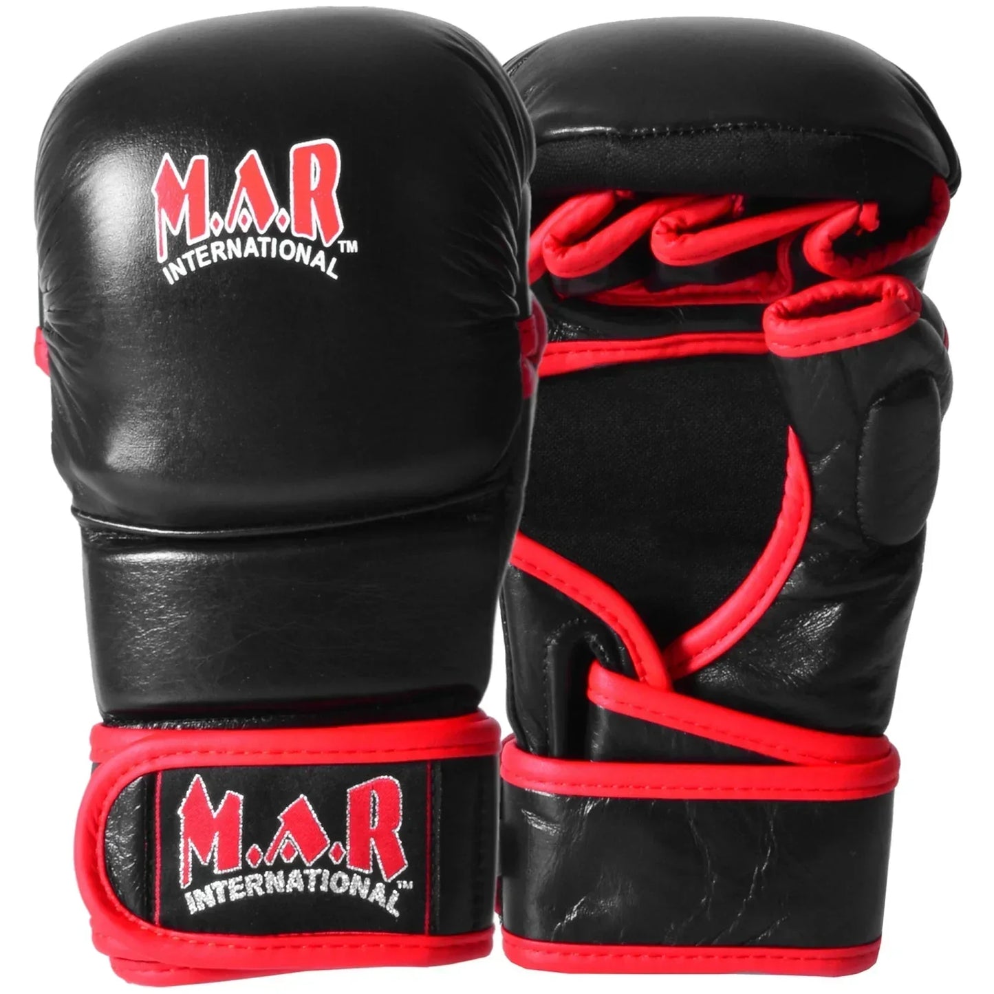 MAR-233B | Genuine Leather Black MMA Gloves w/ Red Piping - Compact Gloves