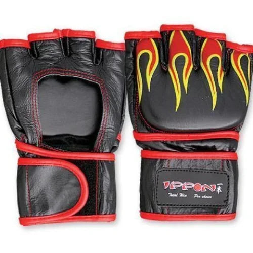 MAR-234A | Genuine Leather MMA Open Palm Gloves w/ Flames - Compact Gloves