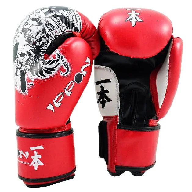 MAR-411 | White + Red IPPON Boxing Gloves w/ Skull Design - Gloves
