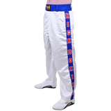 MAR-087D | White & Blue Kickboxing Trousers w/ Embroidered Writing - Trousers