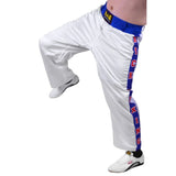 MAR-087D | White & Blue Kickboxing Trousers w/ Embroidered Writing - Trousers