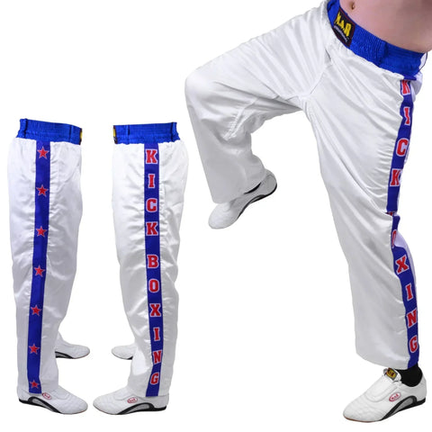 MAR-087D | White & Blue Kickboxing Trousers w/ Embroidered Writing - Trousers