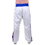 MAR-087D | White & Blue Kickboxing Trousers w/ Embroidered Writing - Trousers