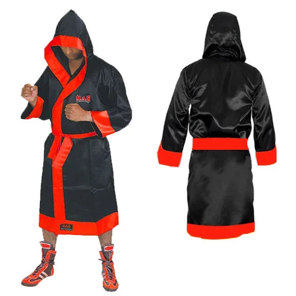 Black Red Boxing Robe in Polyester Silk Satin with Increased Shoulder ...