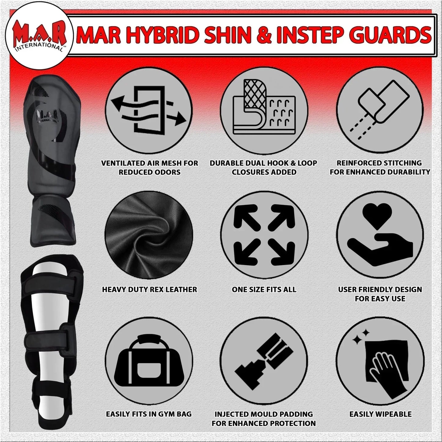 MAR-148D | Black Kickboxing & Thai Boxing Shin & Instep Guards - Pads