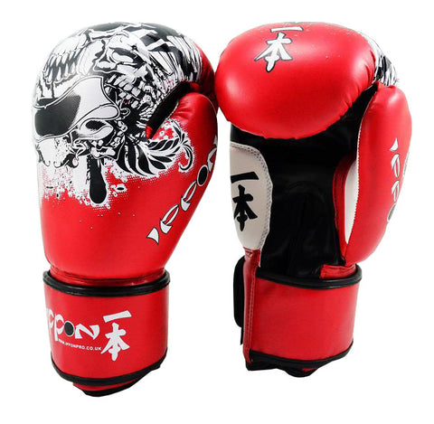 MAR-411 | White+Red IPPON Boxing Gloves w/ Skull Design