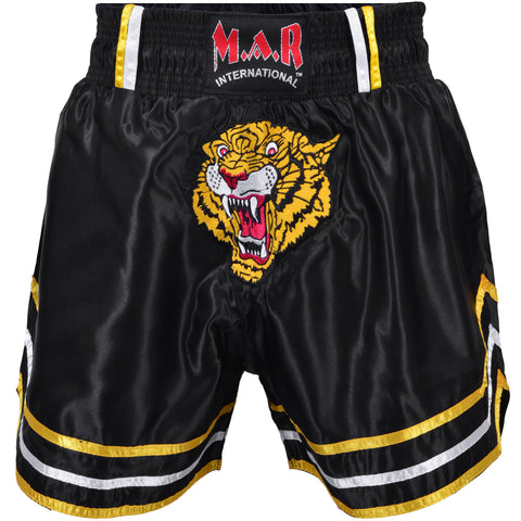 MAR-091B | Black Kickboxing & Thai Boxing Shorts w/ Tiger Emblem