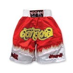 MAR-095H | Red & White Kickboxing & K1 Shorts w/ Yellow Text - quality-martial-arts